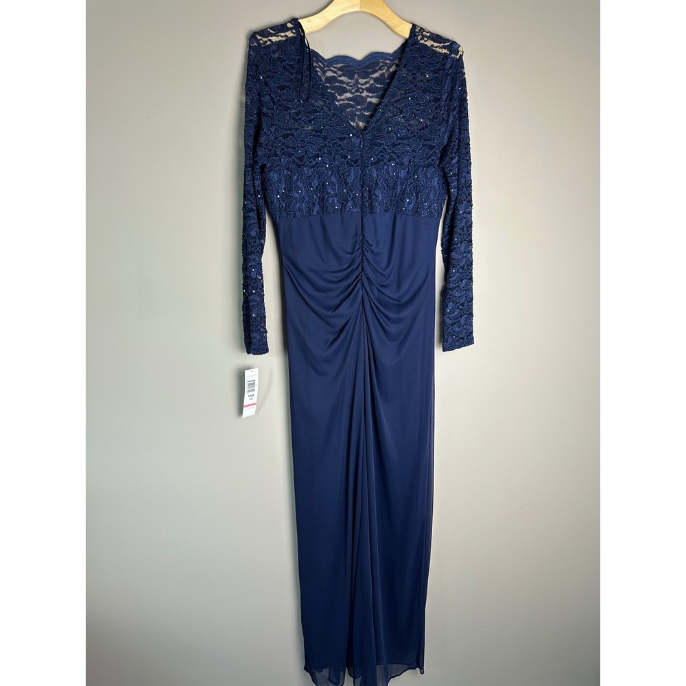 Onyx Nite Navy Blue Lace Sequin Long Sleeve Evening Gown Dress 12 644596 - Picture 3 of 8
